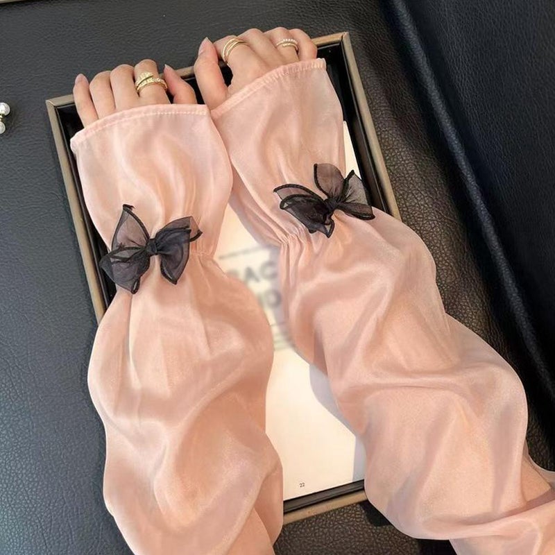 Elegant pearlescent yarn bow sun protection arm sleeves for women, summer ins style ice silk arm sleeves, windproof flared sleeves